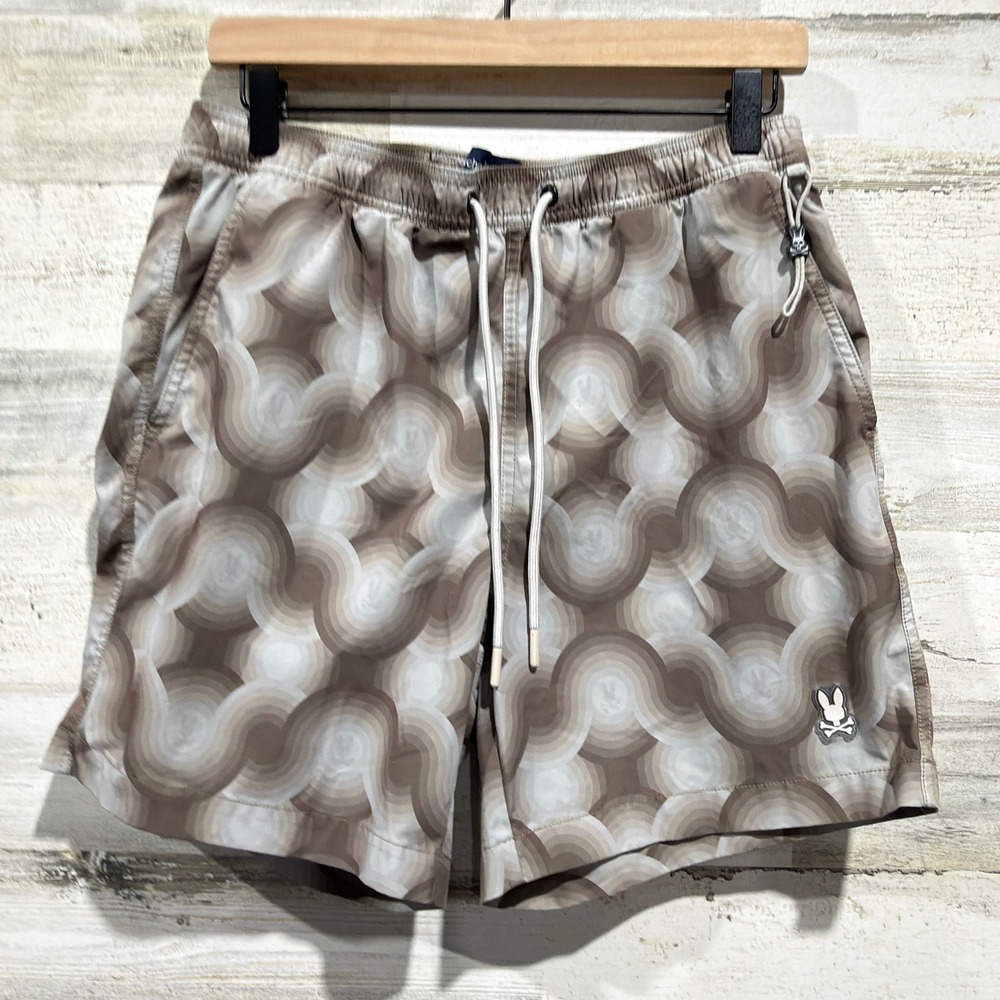 Psycho Bunny Swim Trunks Men Size S Brown Retro Wavy Pattern Beachwear *Flawed